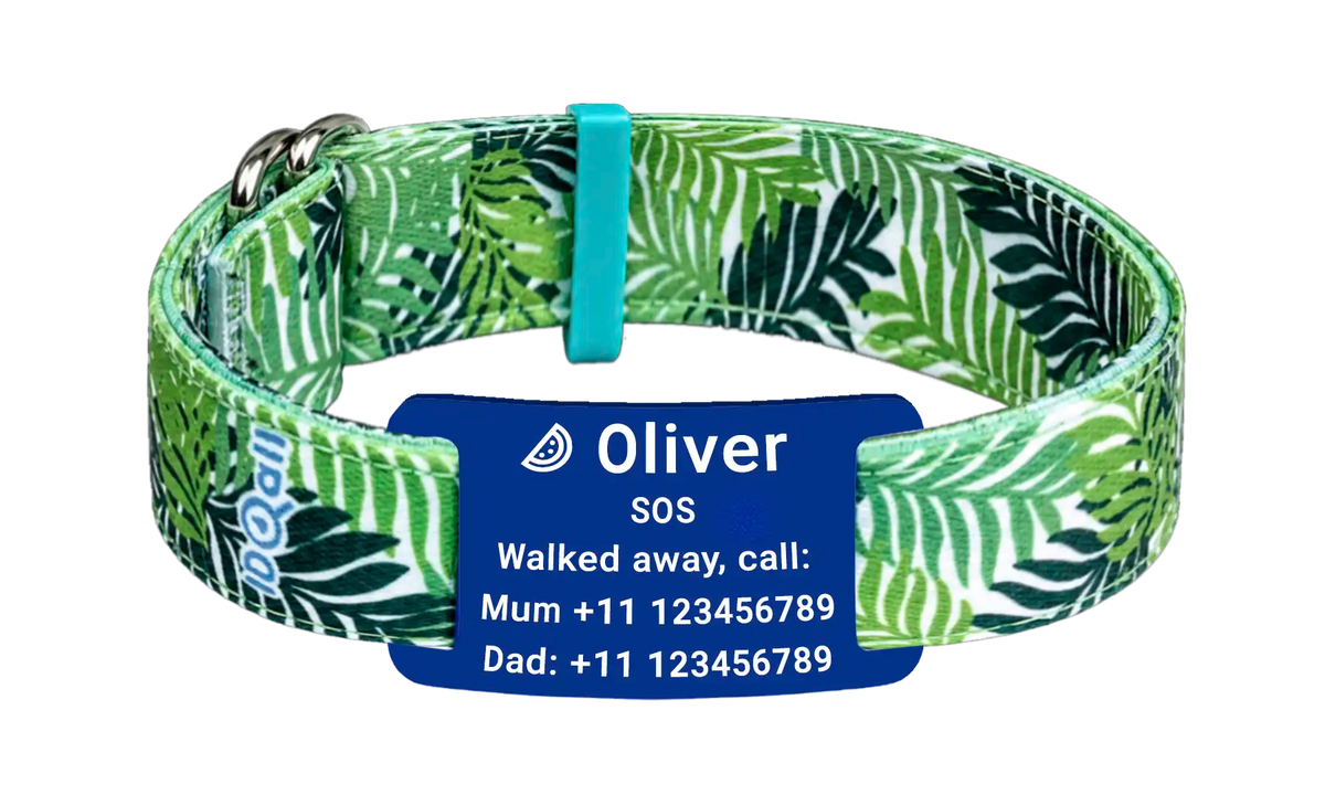 Stoffen SOS armband Jungle met gegraveerd naamplaatje, naam en telefoonnummer