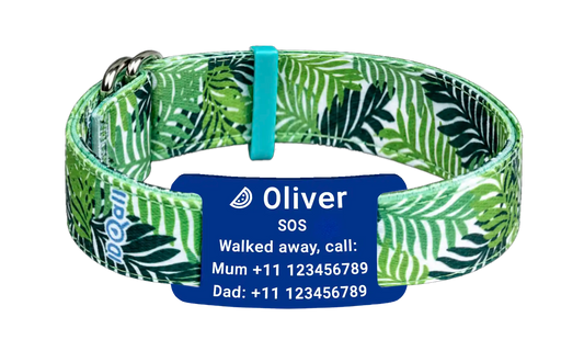 Stoffen SOS armband Jungle met gegraveerd naamplaatje, naam en telefoonnummer