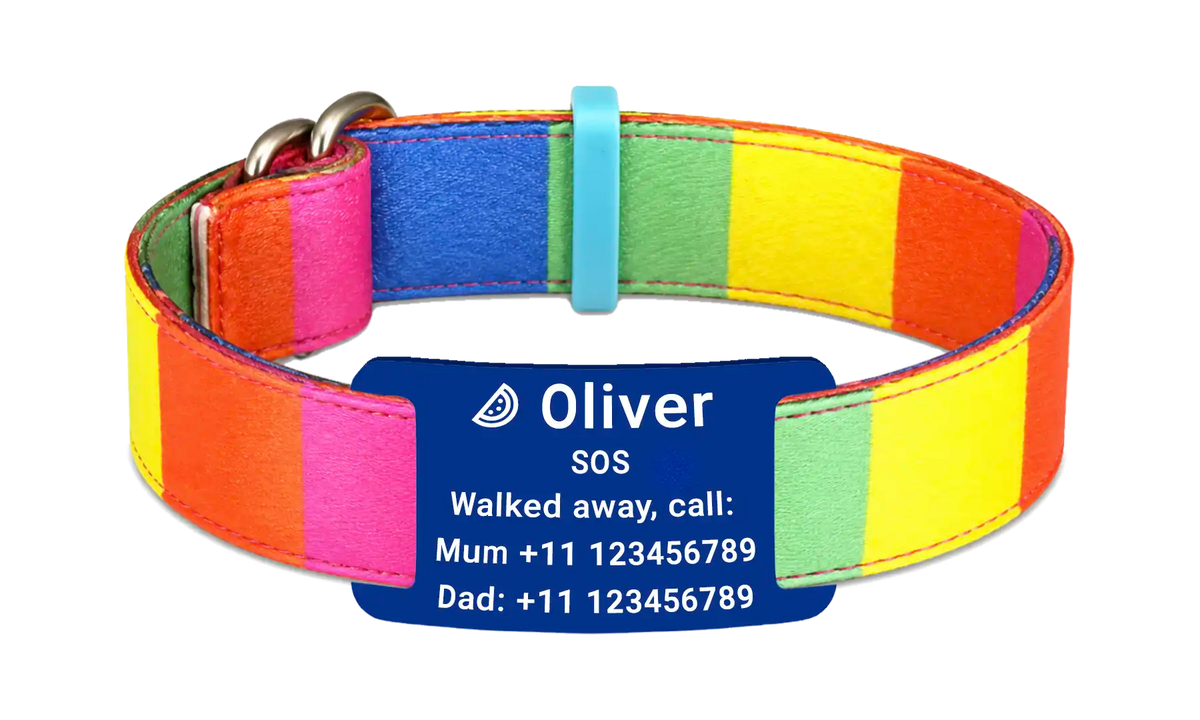 Stoffen SOS armband Stripes met gegraveerd naamplaatje, naam en telefoonnummer