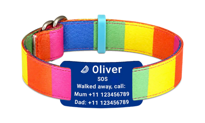Stoffen SOS armband Stripes met gegraveerd naamplaatje, naam en telefoonnummer