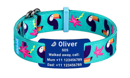 Stoffen SOS armband Tropical met gegraveerd naamplaatje, naam en telefoonnummer