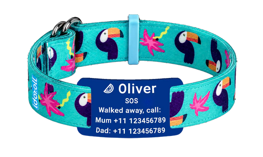 Stoffen SOS armband Tropical met gegraveerd naamplaatje, naam en telefoonnummer